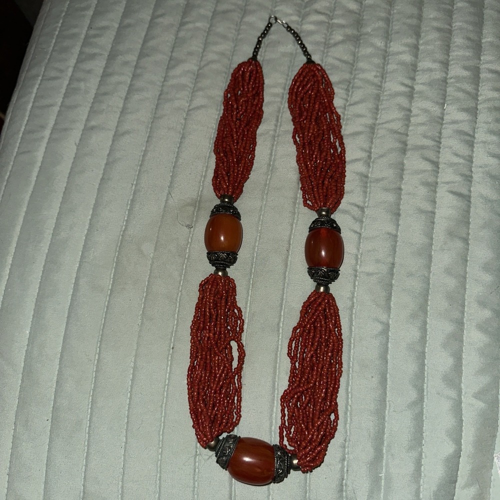 Vintage 30 inch Tibetan Red Coral‎ and 3 large Amber Bead Necklace
